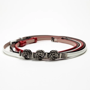 Three-pack skinny women's belts in black white and red with camellia flower metal buckles