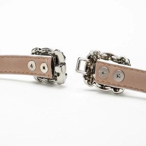 Women's slim beige leather belt with vintage floral engraved silver buckle and screw detail