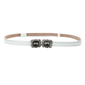 White slim leather belt for women featuring vintage silver buckle and dark grey gemstones