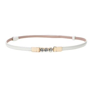 White faux leather slim belt for women featuring a gold buckle with three clear rhinestones