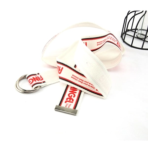 White nylon canvas belt with red Angel print and silver double D-ring metal buckle