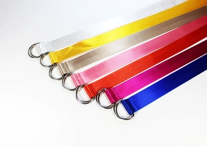 Detailansicht verschiedenfarbiger Nylon-Gürtel mit Doppel-D-Ring-Metallschnallen