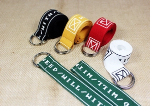 Detail of colorful nylon canvas belts with double D-ring buckles and letter prints
