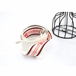 White nylon canvas belt with red and black stripes and metal double D-ring buckle