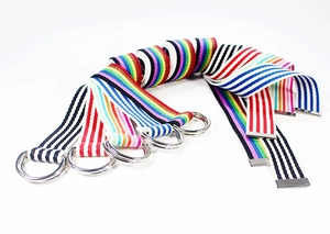Détail de ceintures en toile durable avec boucles à double anneau D et rayures colorées