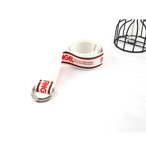 White nylon canvas belt with red Angel print and metal double D-ring buckle closure