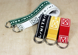 Detail showing five colors of nylon canvas belts with double D-ring metal buckles