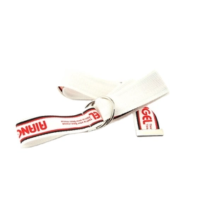 White nylon canvas belt with double D-ring metal buckle and red Angel typography
