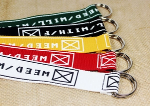 Detail of five multi-color nylon canvas belts with sturdy silver double D-ring buckles