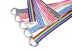 Détail de ceintures en toile de nylon à rayures colorées avec boucles en D en métal argent