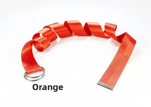 Detail eines orangefarbenen gewebten Nylongürtels mit Doppel-D-Ring-Metallschnalle und Ende