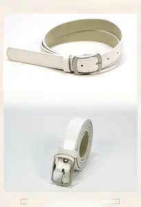 Detail showing polished silver alloy buckle and white leather strap with fine stitching