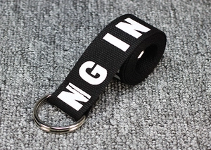 Detail of black nylon canvas belt featuring silver double D-ring buckle and NGIN print