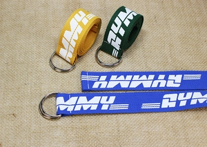 Close-up of colorful canvas belts with double D-ring buckles and MYMY printed text