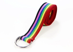 Détail d'une ceinture en toile de nylon arc-en-ciel avec boucle à double anneau en D argent
