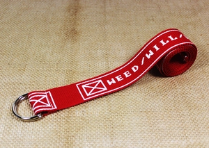 Close-up of red nylon canvas belt with double D-ring metal buckle and printed letters