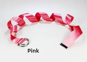 Detailansicht eines rosa gewebten Nylongürtels mit silberner D-Ring-Schnalle und Metallende