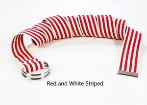 Détail de la ceinture en toile rayée rouge et blanc avec double boucle en D argentée