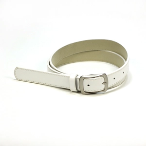 Minimalist white leather belt for women with elegant silver rectangular buckle in a spiral layout