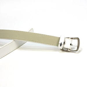 Minimalist white leather belt for women featuring a sleek silver metal buckle and fine stitching