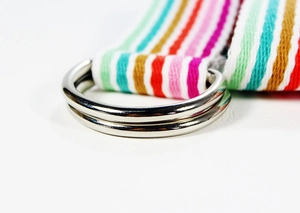 Détail d'une ceinture en nylon rayée multicolore avec boucle à double anneau argenté
