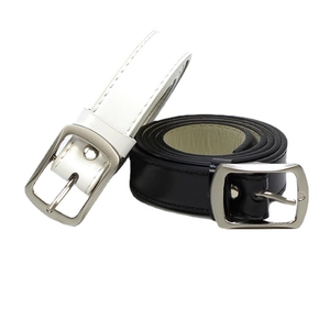 Minimalist leather belt for women featuring a rectangular silver buckle in black and white
