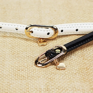 Women Fashion Patent Leather Thin Belt Simple PU Waistband With Heart Charm Oval Gold Buckle For Jeans Dress Accessories