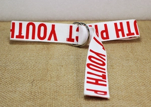 Détail de la ceinture en toile de nylon blanche avec imprimé rouge et boucle double D