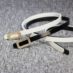 Women Fashion Patent Leather Thin Belt Sweet Rhinestone Inlaid Snap Buckle Waist Belt For Dress Shirt Decorative Accessories