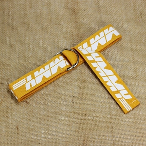 Streetwear yellow canvas belt with silver double D-ring buckle and MMY letter print