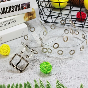 Trendy transparent PVC belt with silver square buckle and metal eyelets for women