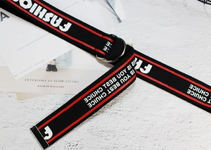 Détail de la ceinture en toile de nylon avec bords rouges, boucle double D et lettrage
