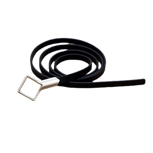 Elegant thin black leather belt for dresses with a polished silver square metal buckle