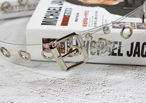 Close-up of transparent resin belt featuring silver metal buckle and reinforced eyelets