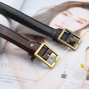 Vintage Retro PU Leather Belt For Women Square Bronze Pin Buckle Thin Waistband Casual Korean Fashion Solid Color Jeans Belt