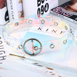 Ceinture holographique en PVC laser avec grande boucle ronde argentée et œillets
