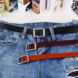 Stylish faux leather slim belts for women with square buckles in black and brown colors