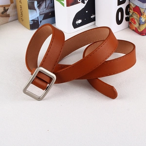 Macro shot of stylish brown faux leather belt with vintage matte silver square buckle