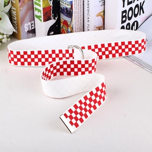 Detailed macro view of red and white checkered canvas belt with silver double D-ring buckle