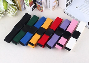 Detail showing eight vibrant canvas belt colors with matte black square buckles