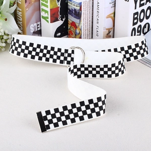 Checkerboard nylon canvas belt with silver double D-ring buckle for jeans and trousers