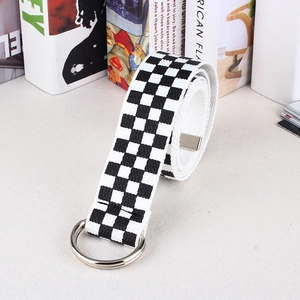 Checkerboard pattern canvas belt with double D-ring metal buckle for casual wear