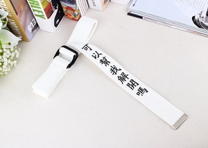 Détail de la ceinture en toile blanche avec boucle double anneau en D et texte noir