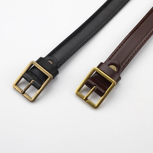 Vintage unisex denim leather belt with brass buckle in black and dark brown finish