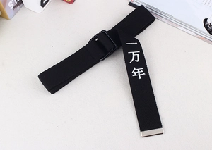 Gros plan sur ceinture en toile noire avec broderie chinoise blanche et boucle à double D