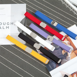Detail view of multi-color canvas belts with silver flat buckles and metal tips