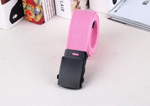 Close-up of pink woven canvas belt with a matte black metal buckle for custom sizing