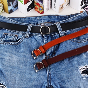 Narrow women's faux leather belts with D-shaped silver buckles in black brown and orange