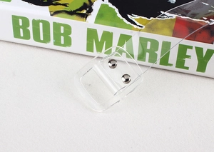 Detail of transparent PVC belt with silver metal rivets and adjustment buckle