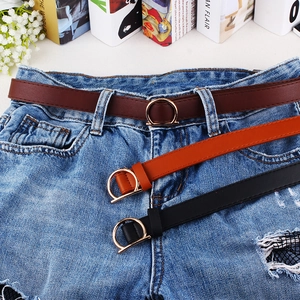 Set of three slim faux leather belts for women in brown, caramel, and black with gold D-rings